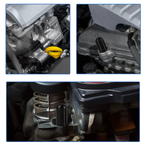 Amazon 108-piece rubber vacuum cap set for carburetor hoses; black assorted sizes, three-panel display.