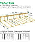 Two Pack Power Tool Organizer Wall Mount dimensions and hardware with screws and plastic anchors shown.