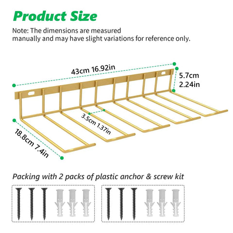 Two Pack Power Tool Organizer Wall Mount dimensions and hardware with screws and plastic anchors shown.