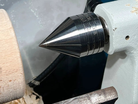 Carbide Tipped Wood Lathe Live Center 2MT Morse Taper Shank with 8mm carbide tip installed in lathe, medium speed turning