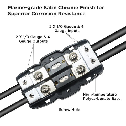 2 Way ANL Fused Distribution Block For Car Audio And Marine Use, Brass Construction, Marine Grade Satin Chrome Finish, High Temp Polycarbonate Base And Cover, 0 2 4 Gauge In And Out, Heavy Duty Power Wire Branching For Maximum Power Transfer. two-way fused block with 1/0 gauge inputs and outputs, polycarbonate base