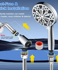 Magnetic Docking High Pressure Handheld Shower Head with Hard Water Filter, installation guide with hose and washer components.