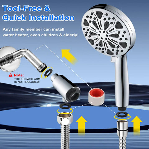 Magnetic Docking High Pressure Handheld Shower Head with Hard Water Filter, installation guide with hose and washer components.