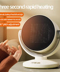 Electric Space Heater And 2 In 1 Fan Combo 1200W Portable Desk Heater with PTC Ceramic and Auto Swing on a desk, warming hands.
