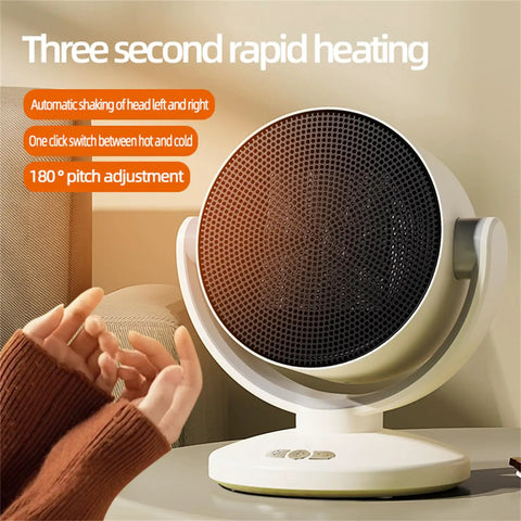 Electric Space Heater And 2 In 1 Fan Combo 1200W Portable Desk Heater with PTC Ceramic and Auto Swing on a desk, warming hands.