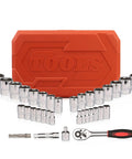 34 Piece 3/8 Inch Drive Socket Set With Ratchet Includes Metric And SAE Sockets Extension Bar And Heavy Duty Storage Case For Auto Repair And Home Projects, red case