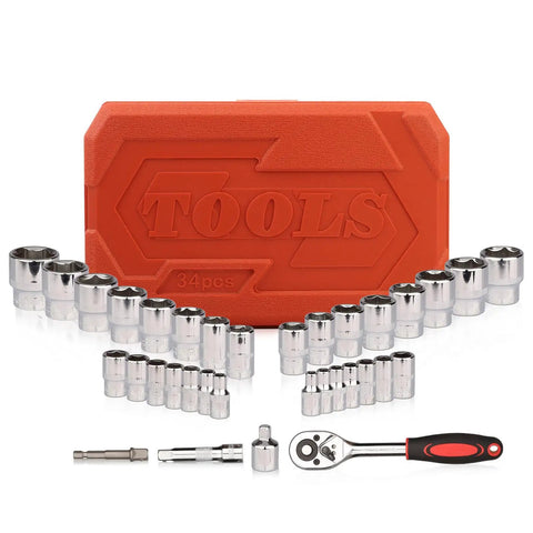 34 Piece 3/8 Inch Drive Socket Set With Ratchet Includes Metric And SAE Sockets Extension Bar And Heavy Duty Storage Case For Auto Repair And Home Projects, red case