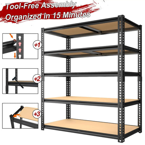Heavy Duty 5-Tier Garage Shelving Unit With 2400 Lb Capacity, Adjustable Steel Storage Racks For Carport, Warehouse Or Basement, 72 Inch High By 40 Wide By 20 Deep, Industrial Grade Organization, tool-free assembly
