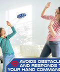 Mother and child playing with Self-Flying Aero Drone 360 For Kids With Hand Command Control indoors.