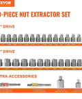 29-piece nut extractor set showing various socket sizes and accessories with 1/4" and 3/8" drives, on orange background.