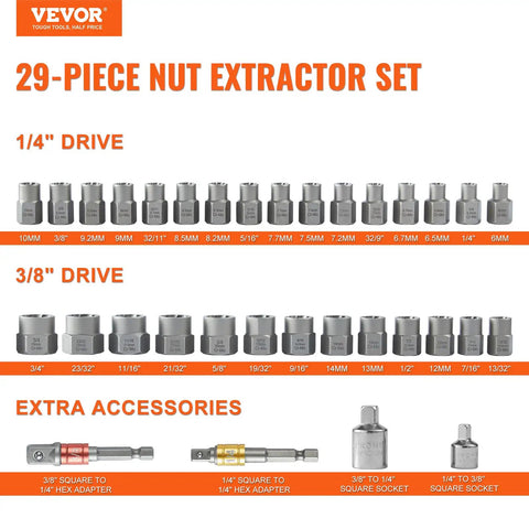 29-piece nut extractor set showing various socket sizes and accessories with 1/4" and 3/8" drives, on orange background.