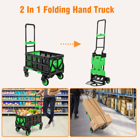 Grab-And-Go 2-In-1 Folding Hand Truck With Collapsible Crate Converts From 2-Wheel To 4-Wheel, 400 Lb Heavy-Duty Dolly Cart, Lightweight 15.9 Lb, 3-Position Adjustable Handle, And 59 Inch Bungee Cord With Hooks For Easy Hauls. folding cart with crate and handle shown open and folded