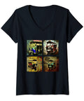 Classic Fit Women V Neck Tee Featuring Retro Tuk Tuk Rickshaw And Italian Scooter Prints, black cotton, graphic print details.
