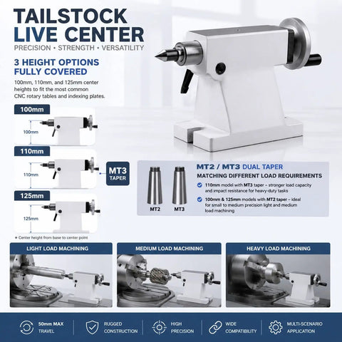Heavy Duty Lathe Tailstock With 50 Mm Travel And Mt2 Mt3 Taper Options For Cnc 4 Axis Rotary Tables crafted tough for various machining tasks.