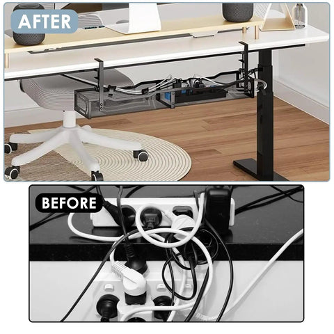 25 Inch Under Desk Cable Management Tray No Drill Clamp heavy duty metal cord organizer for standing desk and home office in use