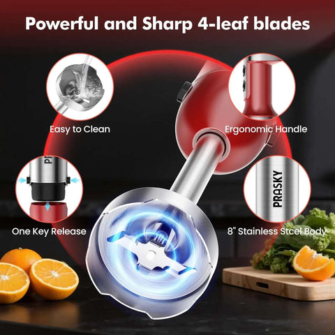 Heavy Duty Immersion Blender Handheld 20 Speed 5 In 1 Kitchen Mixer with 8" stainless steel body and sharp 4-leaf blades.