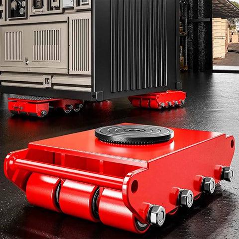Heavy Duty Industrial Machinery Skate Dolly With 360 Degree Swivel Non Slip Caster And Alloy Steel Or Pu Rollers For Moving Heavy Equipment Smoothly, red dolly on floor.