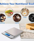 Digital display of Dead On Accurate Kitchen Scale 500g 0.01g with LCD and examples of weighing fruits, food, seasoning, and jewelry.