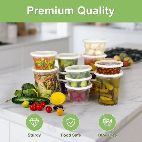 60 Complete Deli Container Sets With Lids, various sizes, filled with vegetables, in a kitchen setting, BPA free.