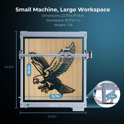 Front view of Creality Falcon 10W laser engraver with silver aluminum frame and wooden eagle panel.