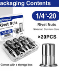 Pro Shop Heavy Duty 1/4-20 304 Stainless Steel Rivet Nuts 20 Pack Rust Proof Nutserts With Knurled Flat Heads in storage box.
