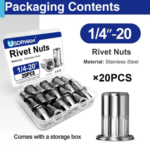 Pro Shop Heavy Duty 1/4-20 304 Stainless Steel Rivet Nuts 20 Pack Rust Proof Nutserts With Knurled Flat Heads in storage box.