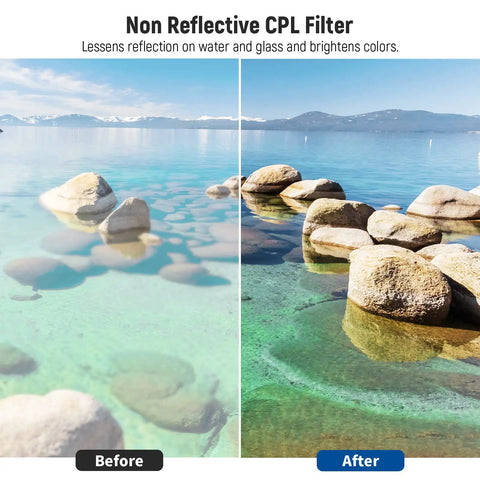 Comparison of lake view with and without 58mm UV CPL FLD ND Filter Kit For Canon Rebel EOS Cameras showing brightness and clarity.