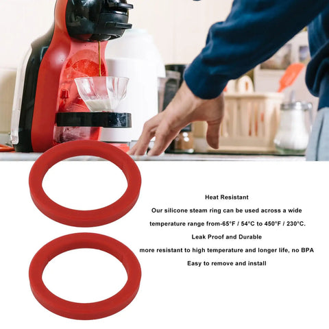 Two Pack Red 8mm Silicone Group Gasket For Espresso Machines E61 Group Head Replacement placed near a coffee maker