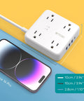 15ft Flat Plug Power Strip With 4 Widely Spaced Outlets And 4 USB Ports Including USB C next to iPhone on colored background