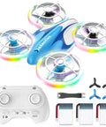 Kids Friendly LED Drone With Propeller Guards And 360 Flips, 3 Batteries, remote control and spare parts in blue and white