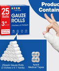Box and rolls of Gauze Roll Bandage Pack 3 Inch By 4.1 Yards Soft Nonstick Breathable Wound Wrap with medical tape.