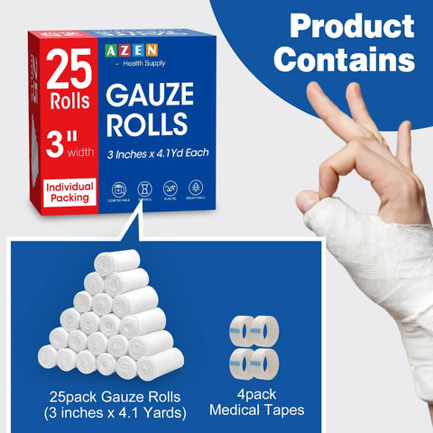 Box and rolls of Gauze Roll Bandage Pack 3 Inch By 4.1 Yards Soft Nonstick Breathable Wound Wrap with medical tape.