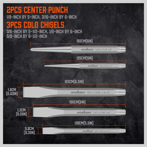 HORUSDY 16-piece punch and chisel set with center punch, taper punch, pin punch and cold chisels.