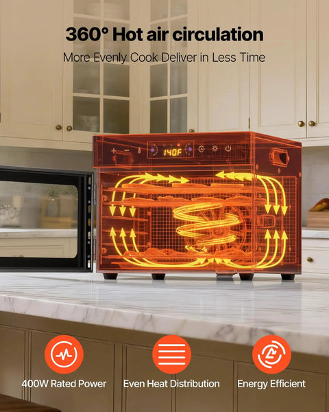 Six Tray Stainless Steel Food Dehydrator with 400W Power showing 360° hot air circulation on kitchen countertop.