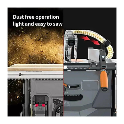 Heavy High Performance Dust Free Sliding Table Saw Workhorse Frame All In One Powerhouse For Smooth Woodworking Cuts with dust extraction features.