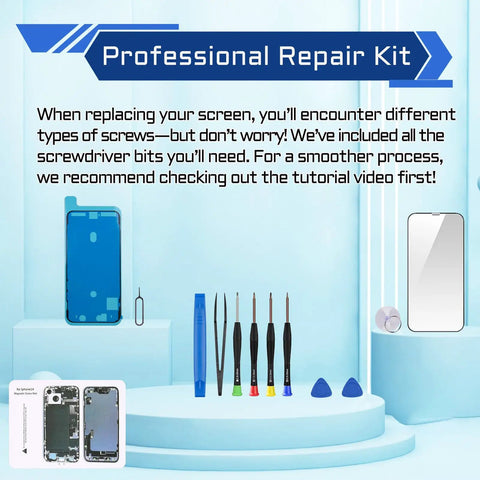 IPhone 14 6.1 Inch OLED Screen Replacement Full Assembly Kit With Digitizer Front Speaker Proximity Sensor 3D Touch Repair Tools Easy Install Drop In A2882 A2649 A2881 A2884 A2883 displayed with repair tools including screwdrivers and tool kit components.