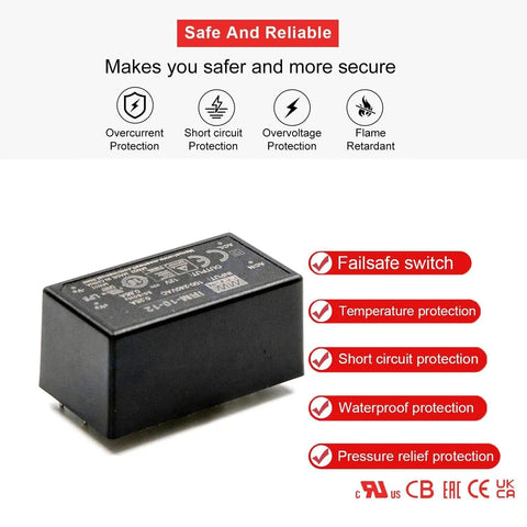 Bulletproof 12V AC DC Power Supply Module 10 Watt With Full Safety Shield showing protective features and compact design.