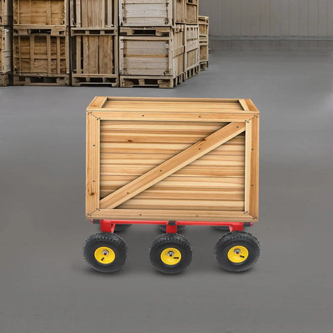 All Terrain Dolly 1200 Lbs Six Wheel Platform Cart With Pneumatic Tires Red For Heavy Loads Moving Furniture Equipment Outdoors Indoors Workhorse Steel Frame, wooden crate load