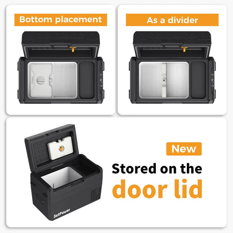 Kickass 34 Quart 12V Refrigerator Stays Bone Cold 24H Portable Car Fridge with removable divider and lid storage option.