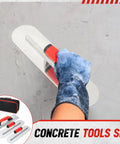 4 Piece Concrete Hand Tools Set With Magnesium Hand Float 16x3-1/8 in use on cement surface, includes pool trowel, tool bag.