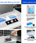 Heavy Duty Portable Evaporative Swamp Cooler Packing Three Fan Speeds One Twenty Degree Sweep And A Massive Hundred Gallon Tank For Chilling Out On Patios Yards Or Backyards showing ice crystal and water filling process.