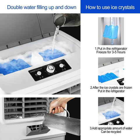 Heavy Duty Portable Evaporative Swamp Cooler Packing Three Fan Speeds One Twenty Degree Sweep And A Massive Hundred Gallon Tank For Chilling Out On Patios Yards Or Backyards showing ice crystal and water filling process.