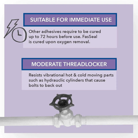 FasSeal ATS Anaerobic Thread Sealant information on immediate use and moderate threadlocker benefits displayed above a valve image.