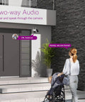 Woman with stroller using No Monthly Fee Solar Wireless Security Camera Outdoor With PTZ And AI Tracking Color Night Vision Thermal Detection 5G Dual Band WiFi 6 Self Powered By Solar Weatherproof for two-way audio communication at home entrance.
