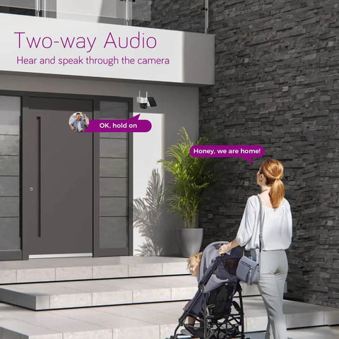 Woman with stroller using No Monthly Fee Solar Wireless Security Camera Outdoor With PTZ And AI Tracking Color Night Vision Thermal Detection 5G Dual Band WiFi 6 Self Powered By Solar Weatherproof for two-way audio communication at home entrance.