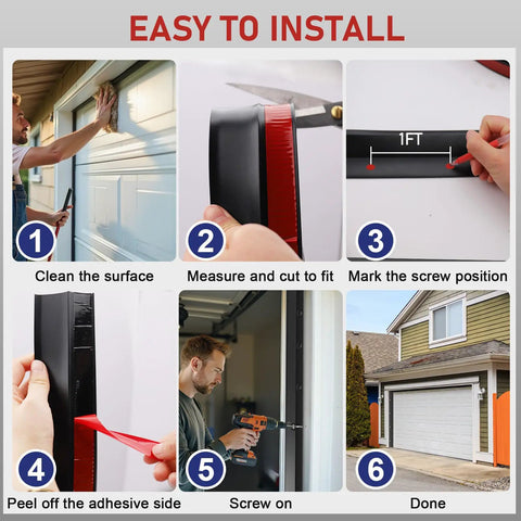 Steps to install 23 Ft Garage Door Weather Stripping Kit Top And Sides Heavy Duty TPE Seal Weatherproof Insulation Reduces Drafts Dust And Moisture Easy Install For Homeowners And DIYers shown in a collage.