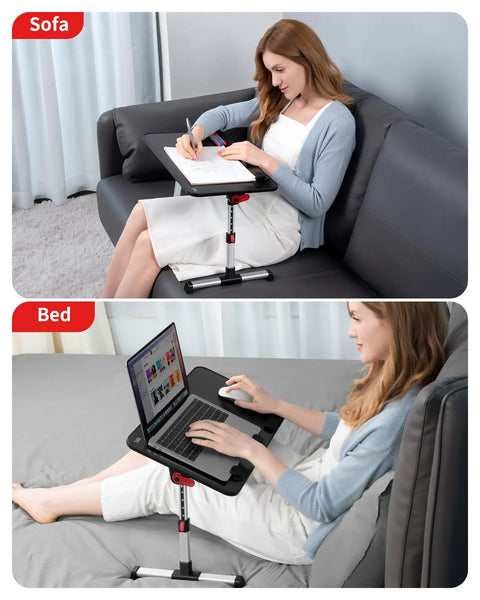 Woman using Adjustable Laptop Desk Table With Foldable Legs Portable Lap Desk For Sofa Bed Or Floor as reading and laptop desk