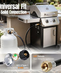 3.5 Ft Universal Gas Grill Regulator And Hose With Leak Detector Gauge For Propane BBQ Grills Patio Heaters And Fire Pits Compatible With Weber Char-Broil Nexgrill Blackstone 28 Inch 36 Inch Grills installed on a backyard grill with propane tank.