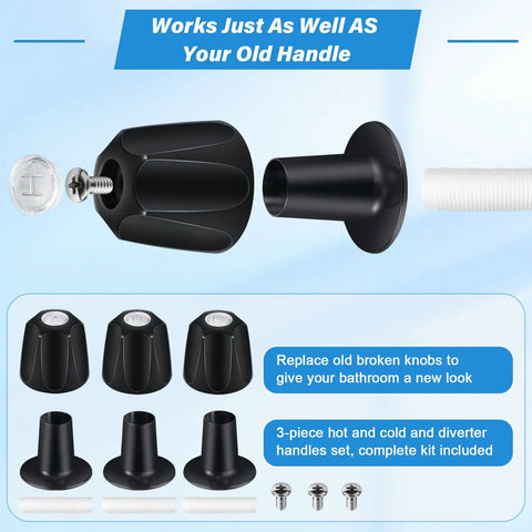 Matte Black Metal Shower Knob Set 3 Piece Replacement for Verve Tub and Shower Handle Hot Cold Diverter Knob 12 Point Broach