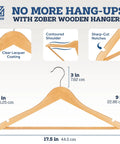 Heavy Duty Wooden Clothes Hangers Set Pro Grade Non Slip Contoured Hangers For Coats Jackets Suits And Pants With 360 Chrome Hook Grooved Pant Bar Notches 20 Pack For Closet Organization, showcasing dimensions and features.